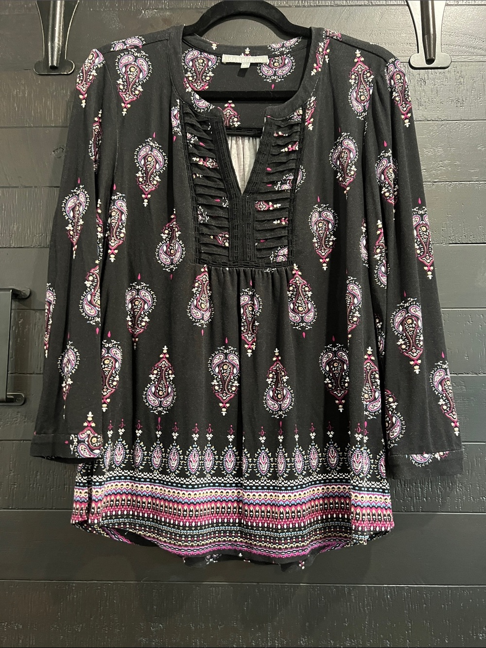 Daniel Rainn Black Paisley Ruffle-Front Tunic with Pink and Purple Accents